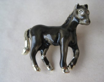 Horse Black Gray Brooch Enamel Rhinestone Gold Clear Vintage Pin