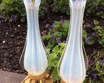 Pair of Vintage Opalescent Italian Seguso Table Lamps - Vintage Italian Hollywood Regency Lamps - Vintage Italian Murano Opalescent Lamps