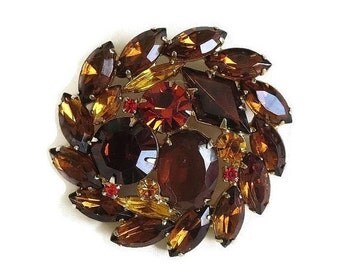 Juliana Rhinestone Brooch in Topaz, Amber and Orange Vintage Verified DeLizza & Elster