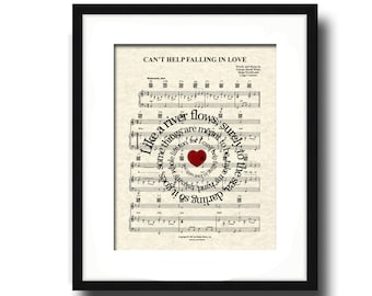 Can't Help Falling In Love Sheet Music Art Print, Elvis Presley, Spiral Lyric, First Dance, Custom Wedding and Anniversary