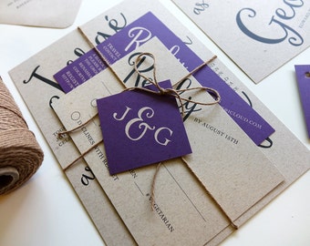 Rustic Wedding Invitation Set, Purple Wedding Invite, Kraft Wedding Invitation with Twine and Tag, Modern Script Invitation Suite, Plum