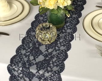 Dark Navy Blue Lace Table Runner with Large Scalloped Edge Style LNB01