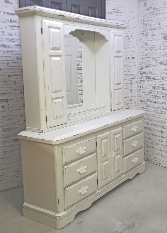 Triple Dresser with Mirror Hutch Vintage White Cottage Style