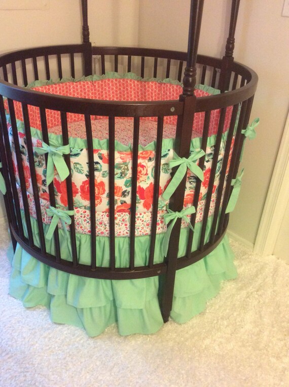 Baby Girl Round Crib Bedding Set Coral and Mint