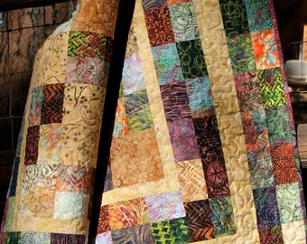 SALE Quilt Autumn Fall Batiks Lap Throw Gold Green Scrappy Patchwork Neutral Thanksgiving Jewel Tones Masculine Modern