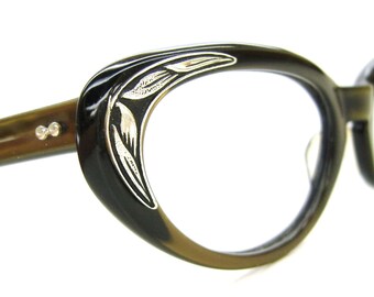 Vintage Olive Green Cat Eye Glasses Eyeglasses Sunglasses Atomic Frame