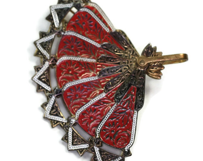 Red Enameled Damascene Style Fan Brooch Spain Vintage