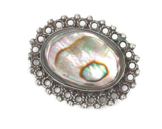 Abalone Shell and Sterling Pin Oval Fancy Setting Vintage