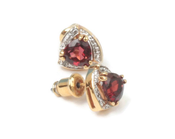 Garnet Stud Earrings Trillion Cut Diamond Accent Vintage