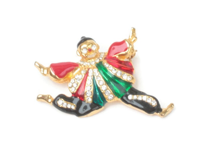 Enameled Circus Clown Brooch Rhinestones Figural Vintage