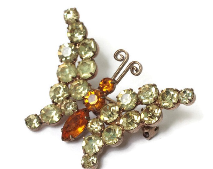 Yellow Rhinestone Butterfly Pin Orange Stones Smaller Brooch Vintage