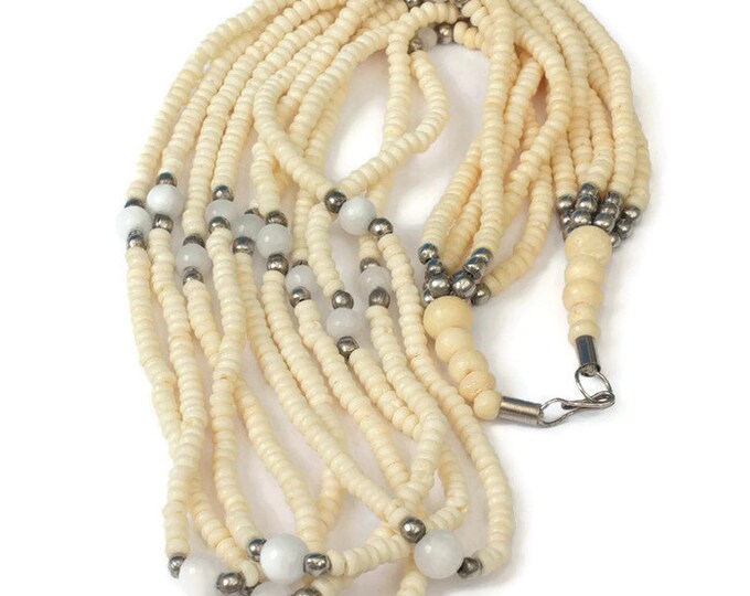 Five Strand Carved Bone Bead Necklace Quartz Beads Boho Vintage