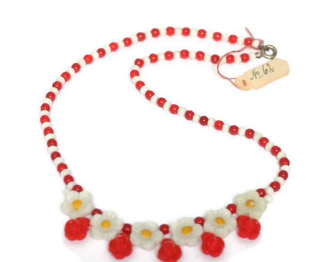 Red and White Floral Bead Necklace Czech Bohemian New Old Stock