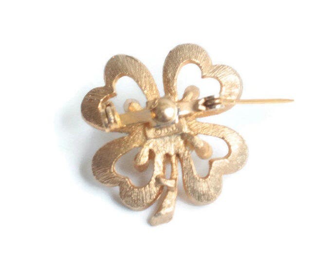 CIJ Sale Four Leaf Clover Pin Faux Pearl Rhinestones Signed JJ Vintage