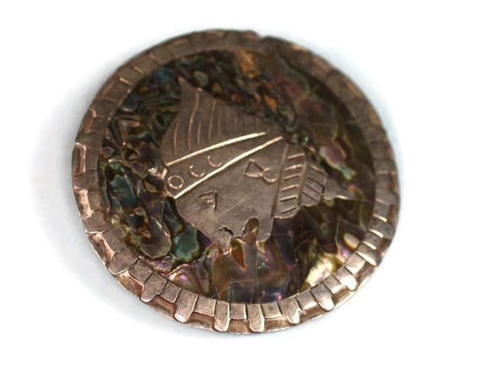 Pre-Columbian Abalone Brooch Sterling Eagle 2 Mark Tribal Signed CF Vintage