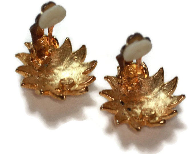 Starburst Earrings Clear Rhinestones Gold Tone Clip On Vintage