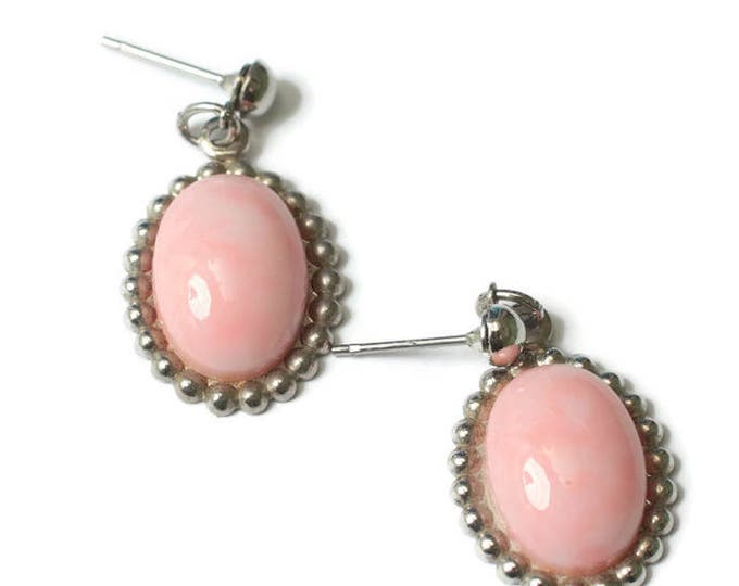 Pink Oval Dangle Earrings Silver Tone Bead Edging Posts Vintage