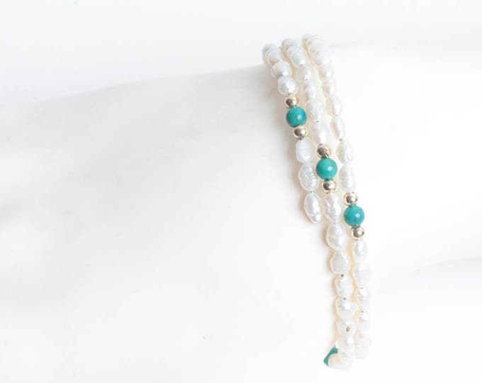 Freshwater Pearl Wrap Bracelet Gold Tone and Turquoise Beads Vintage
