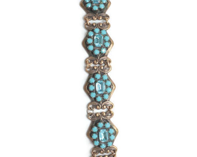 Turquoise Bead and Rhinestone Link Bracelet Filigree Repousse Design Vintage