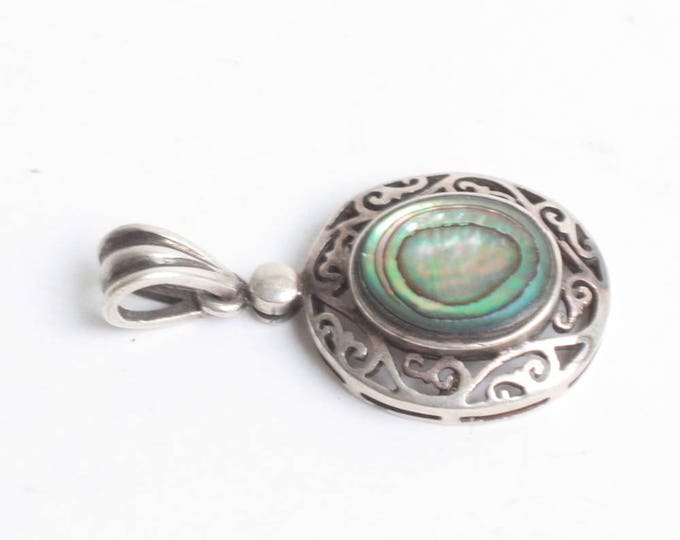 Abalone Shell Sterling Pendant Filigree Setting Oval Vintage