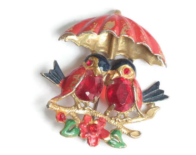 Enameled Love Birds Brooch Umbrella Crystals Fred Gray Signed Vintage