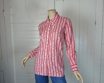 60s Cotton Blouse in Red & White Floral Print- 1960s Hippie / Boho / Festival- Extra Large / XL / Plus