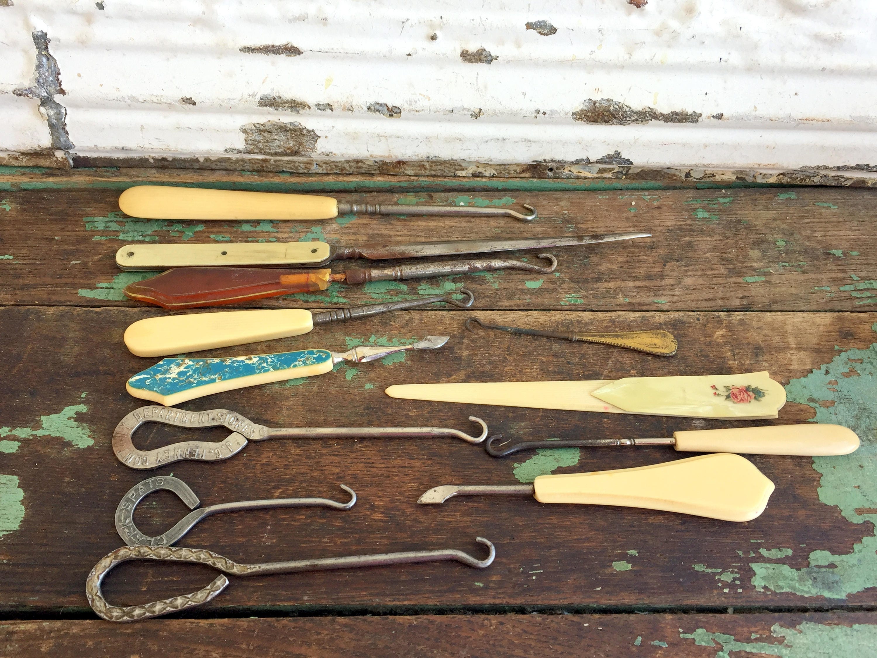 8 Vintage Button Shoe Hooks Celluloid Advertising JCPenny