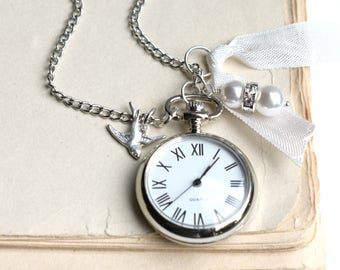 Watch Pendant, Silver Watch Necklace, Pocket Watch, Downton Abby, Victorian Necklace, Mother's Day Gift, Gift for Her, Bridal Watch, Clock