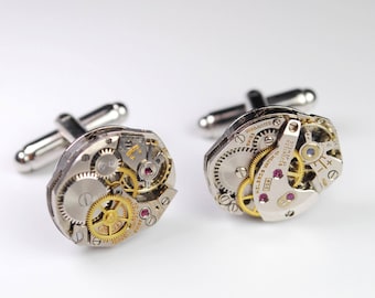 Steampunk Cufflinks Vintage Swiss Watch Movement Mens Gear Cuff Links by Steampunk Vintage Design