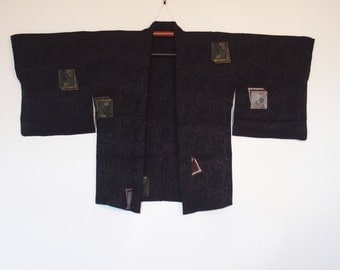 Black Haori Kimono Jacket With Integrated Kaki Persimmon Pattern + Japanese Design Elements 三