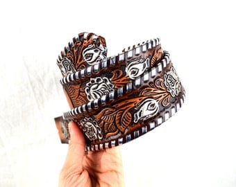 Vintage Hand Laced Top Grain Tooled Leather Floral Belt - Size 32 - "Lu Cile"