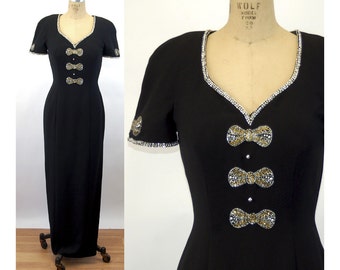 Beaded black dress formal long dress tuxedo style silver gold bows Size 8 Medium