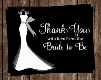 Bridal Shower Thank You Cards, Wedding, Dress, Black, White, Gray, Sash, Set of 24 Folding Notes, FREE Shipping, ELGBK, Elegant Gown Black