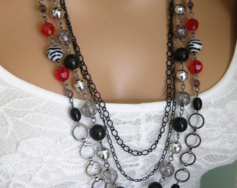 Long Black Beaded Necklace, Long Multi Strand Necklace, Black Red Necklace, Red Beaded Necklace, Black Necklace, Long Beaded Necklace, N862