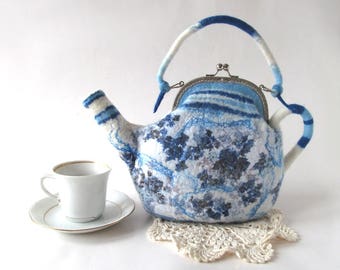 Felted teapot purse , Blue white flower, Blue teapot , Felt purse , Cosmetic bag , Felt teapot , original purse