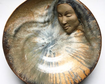 Ceramic Bowl, Large Serving Bowl with Womans Face Relief Sculpture, Goddess Art Wall Piece, Centerpiece