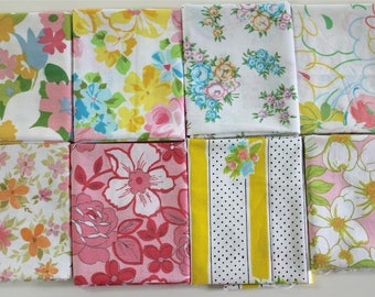 Vintage bed sheet Fat Quarter set 8 reclaimed bed linen fat quarters quilting fabric bundle pink yellow orange Spring Summer rose floral