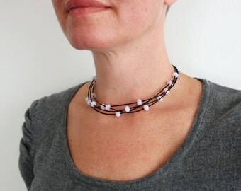 Statement choker necklace pink beads choker layered leather necklace black cords choker necklace for women