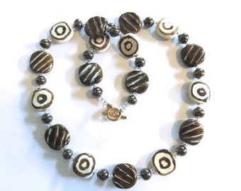 Kazuri Bead Necklace, Fair Trade Beads, Ceramic Necklace, Brown, Cream and Antique Gold Colored Kazuri Necklace