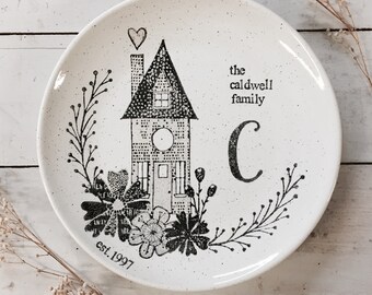 1005hom Personalized Pottery Home Monogram Family Name Platter, Monogrammed Ceramic Plate Personalized w/Family Name, Real Estate Closing