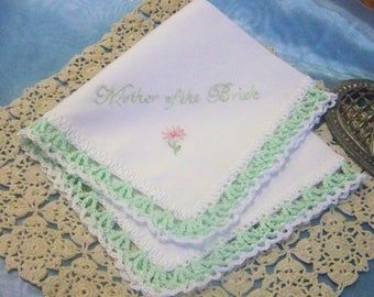 Mother of the Bride Handkerchief, Hanky, Hankie, Mom, Mother, Hand Crochet, Lace, Ladies, Mint Green, Personalized, Embroider, Ready to ship