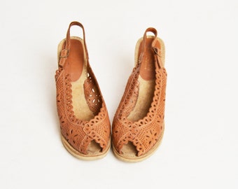 Vintage 70s Ankle Strap Heels / 1990s Brown Cutout Leather Peep Toe Pumps Wedges 7.5