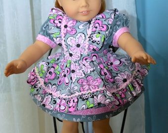 18 Inch Doll Clothes Two Piece Outfit Pink and Gray Print Short Sleeve Dress with Floral Print Pinafore by SEWSWEETDAISY