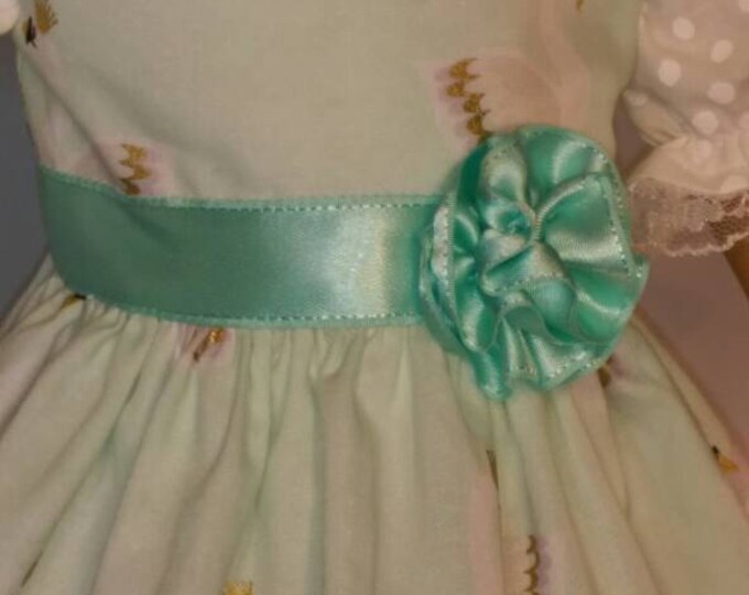 Aqua swan queen print doll dress, white short sleeve shirt, matching shoes for 18 inch dolls