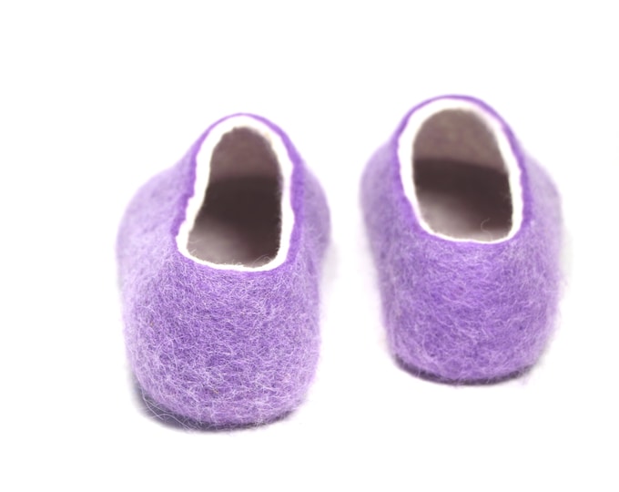 Women Felt Slipper Purple Lilac White, Natural Wool House Shoes, Ballet Flats, Color Blocking, Rubber Soles, Traditional Felt, Holiday Gift
