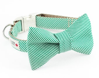 Green Pinstripe Bowtie Dog Collar
