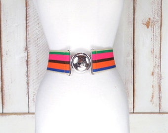 90s green/pink/orange striped wide stretch silver buckle belt/statement cinching belt/wide elastic belt