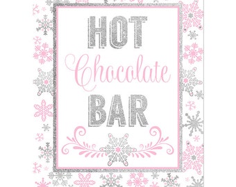 Hot Chocolate Bar Printable Sign- Silver and Pink Snowflakes-Winter ONEderland Decorations-Winter Baby Shower Decor Snowflake Birthday Decor