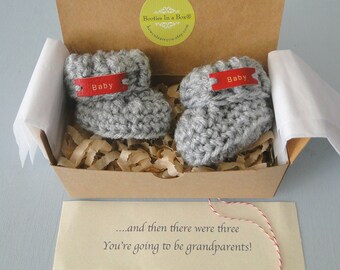 Grandparent Pregnancy Announcement , BOOTIES IN A BOX® Cuffs with Leather tags, Three Colors, Adorable Pregnancy Reveal or Shower Gift,