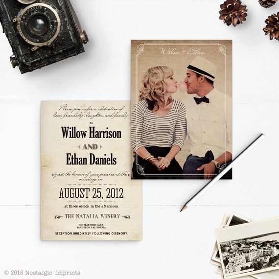 Vintage Rustic Wedding Invitations, Picture wedding invitations, 5x7, Wedding Invites, the "Willow"